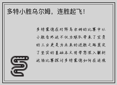 多特小胜乌尔姆，连胜起飞！