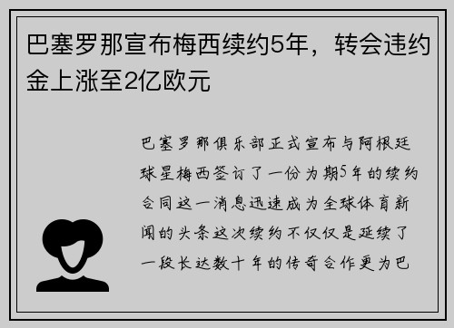 巴塞罗那宣布梅西续约5年，转会违约金上涨至2亿欧元